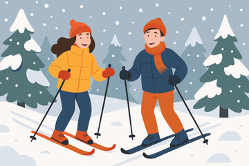 Happy young couple skiing in snowy forest. Man and woman enjoying winter sports activity. Outdoor recreation and healthy lifestyle concept. Winter landscape with ski trail.