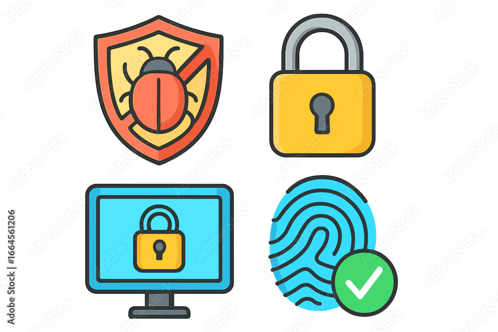 Poster cyber security icon set. antivirus shield with bug, padlock, computer protection and fingerprint acc