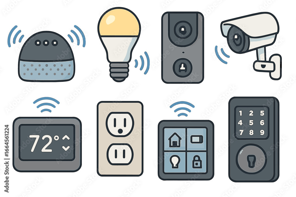 Poster smart home automation device icon set. vector illustration of modern iot technology. features smart 