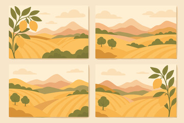 Set of landscape backgrounds with lemon tree branch. Vector illustration of rural farm scenery with fields, hills, mountains. Abstract nature banners or cards in pastel colors.
