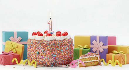 First Birthday Cake with Presents and Candles