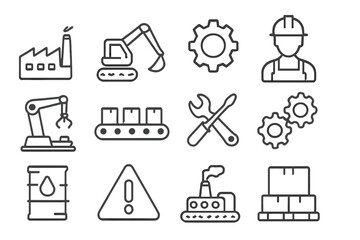 Industrial line icon set. Manufacturing, factory, and construction symbols. Vector collection of engineering, production, automation, machinery and logistics signs for web design.