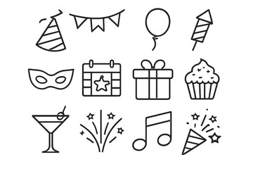 Party and celebration line icon set. Festive holiday symbols collection for birthday, new year, or event. Vector outline graphic elements like gift, cake, balloon, and fireworks.