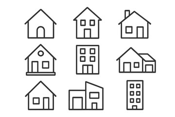 Home and building outline icon set for real estate and construction. Vector house, apartment, and property symbols. Simple architecture line art for web and print design.