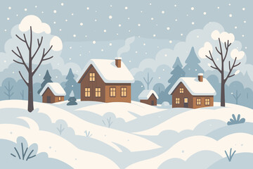 Winter landscape with snow-covered village houses and trees. Snowy rural day vector illustration. Cozy countryside scene with cabins in a forest. Modern flat cartoon style.