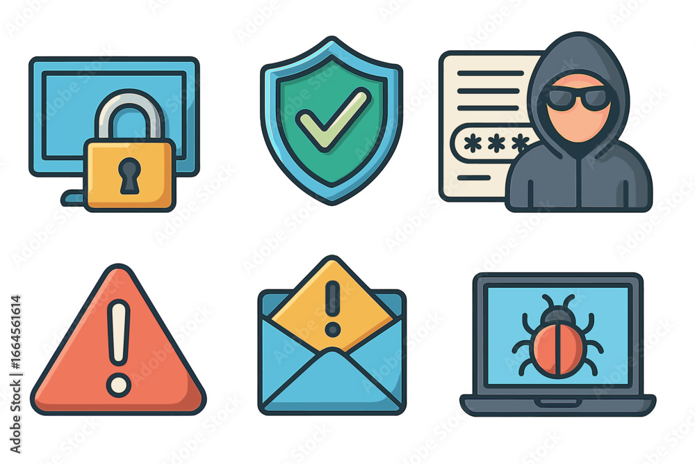 Poster cybersecurity icon set with concepts of digital threats and internet protection. vector illustration