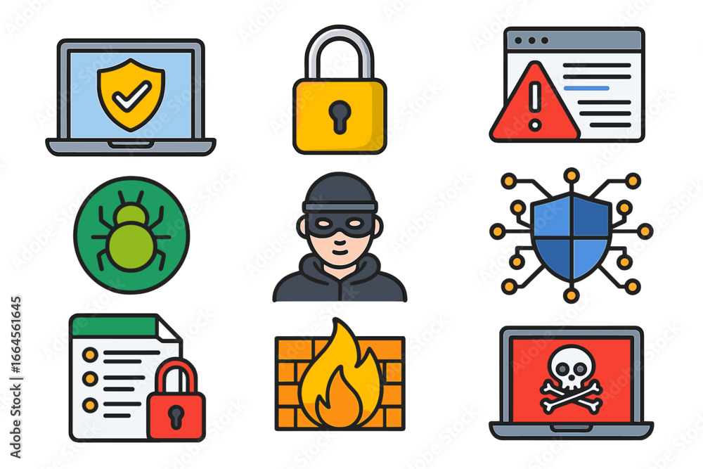 Poster cybersecurity icon set for digital protection and internet security. vector icons of hacker, virus, 