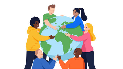 Diverse individuals from around the world collaboratively holding the Earth, promoting global harmony