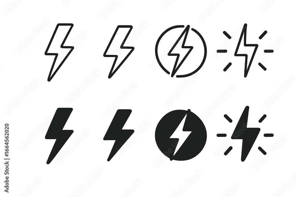 Poster lightning bolt icon set with outline and solid glyph styles. vector thunder flash pictogram collecti