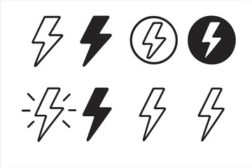 Lightning bolt icons set. Thunder and bolt flash symbols collection. Electric power, energy, and voltage signs. Simple flat vector pictogram and glyph illustration for web design.