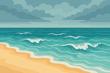 Seascape vector background. Sandy beach with restless ocean waves under a cloudy sky. Tropical coast scene in modern flat cartoon style. Nature landscape before a storm concept.