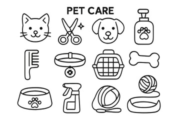 Pet care outline icon set. Cat and dog grooming, food, and accessories. Vector collection of simple line symbols for veterinary, pet shop, or animal care concepts. Modern style.