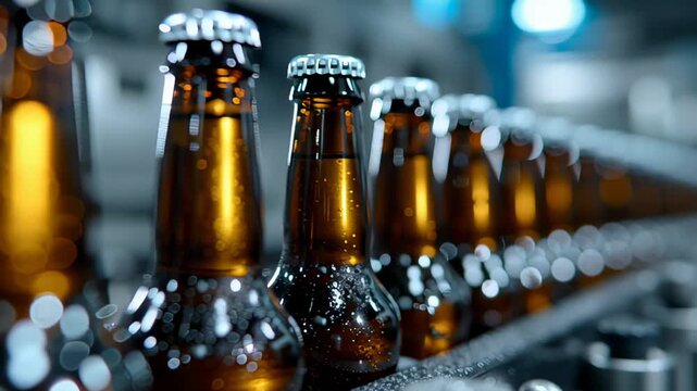 A row of glass beer bottles with water condensation moves along a conveyor belt in a beverage factory. It represents concepts of production, manufacturing, and commerce.