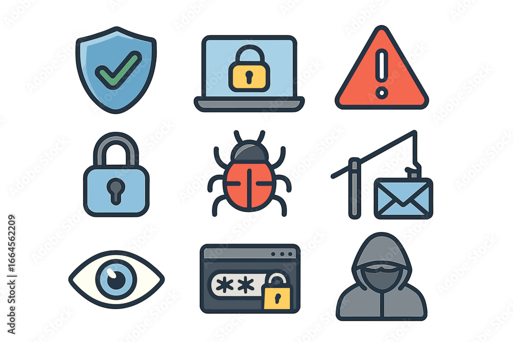 Poster cybersecurity icon set for digital protection and data safety. vector icons illustrate concepts of h