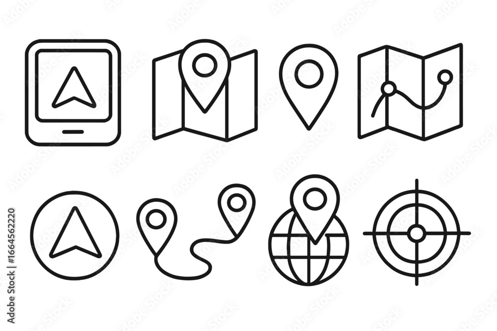 Aufkleber navigation and map outline icon set. gps navigator, location pin, destination route and travel direc