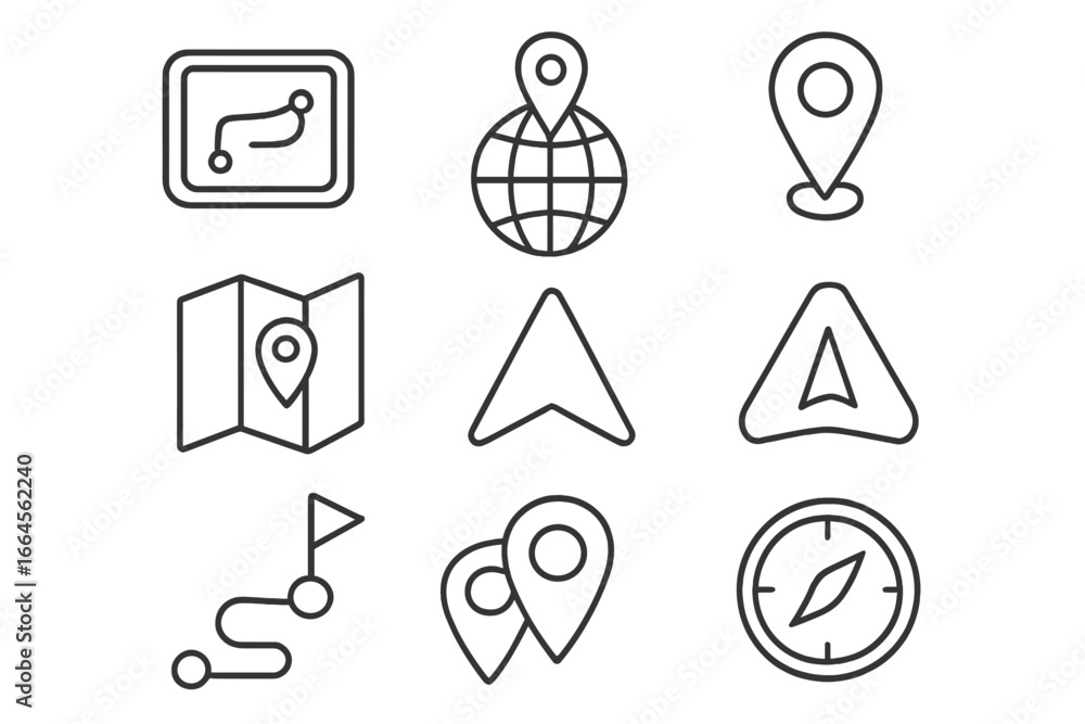 Aufkleber navigation and map outline icon set. gps, route, and location symbols. vector linear icons for trave