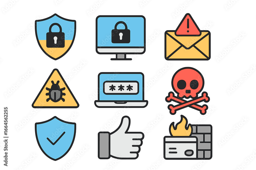 Poster cybersecurity icon set. vector collection of internet safety and data protection symbols. includes f
