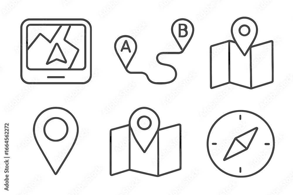 Aufkleber navigation and map outline icon set. gps, route, and location symbols in a clean line style. vector 
