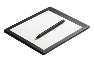 Black digital tablet and stylus pen mockup on transparent background
