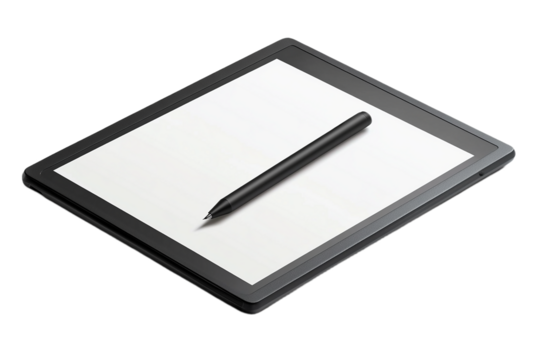 Black digital tablet and stylus pen mockup on transparent background