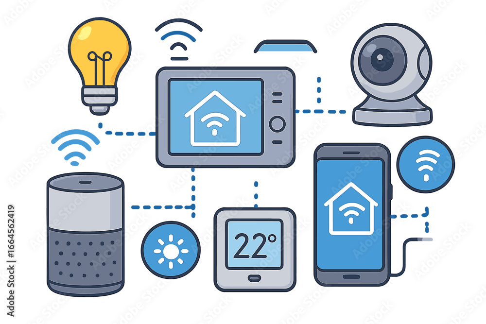 Poster internet of things concept with smart home automation system. vector set of connected wireless devic