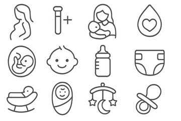 Pregnancy and baby care line icon set. Maternity, newborn healthcare, motherhood outline pictograms. Vector symbols for infant, pediatrics, pregnant woman, feeding, childbirth.
