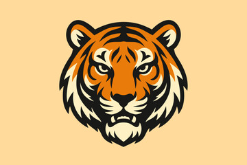 Fierce Tiger Head Logo Vector Illustration. Bold Wild Animal Mascot Face. Big Cat Symbol for Sports, Branding, Tattoo. Modern Flat Cartoon Style Isolated on Beige Background