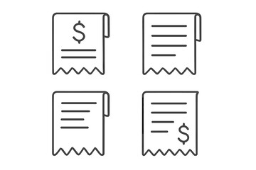 Receipt icon set. Bill and invoice line icons collection. Financial transaction and payment symbols. Vector graphic illustration of paper check, sales slip, and expense report.