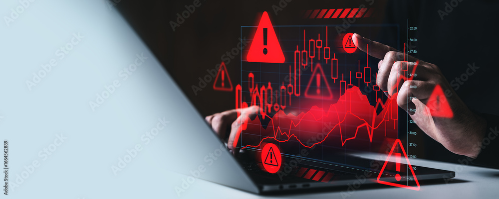 Poster financial crisis warning concept with trader analyzing falling stock market chart and red alert icon