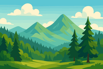 Summer forest landscape with mountains and blue sky. Modern flat vector cartoon illustration. Nature scenery for travel, hiking, adventure. Green valley with pine trees concept.