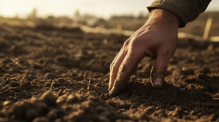 Close-up of dirt-filled hand pressing into ground, blurred battlefield remnants in background