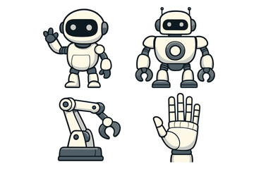 Robot character illustrations set. Futuristic humanoid robots, mechanical arms, robotic hands in cartoon vector style. Artificial intelligence, automation, technology, engineering, robotics concept.