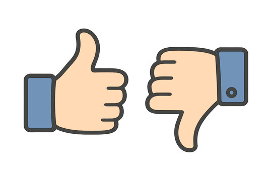 Thumbs up and thumbs down icon set. Like and dislike symbols. Social media approval and rejection vector cartoon illustration. Feedback emoji icons. Hand gestures. Transparent background clipart