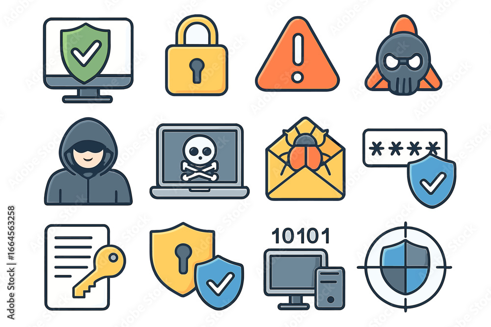 Poster cybersecurity vector icons set illustrating computer protection, online data safety, hacking threats