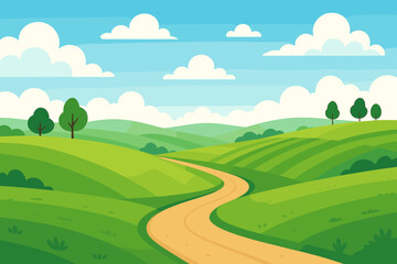 Obraz premium Scenic landscape vector illustration of rolling green meadows, vibrant fields, winding countryside path, blue sky with clouds, nature outdoor travel background, farm rural cartoon concept