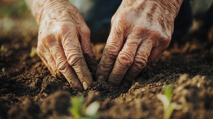 Close-up of elderly fingers pushing into earth, weathered skin contrasting with fresh dirt of new land