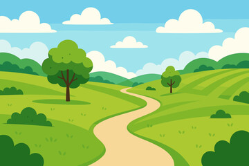 Obraz premium Cartoon vector landscape of green meadows, rolling hills, winding path, bright blue sky, fluffy clouds, trees, flat modern countryside nature illustration, spring or summer outdoor scene