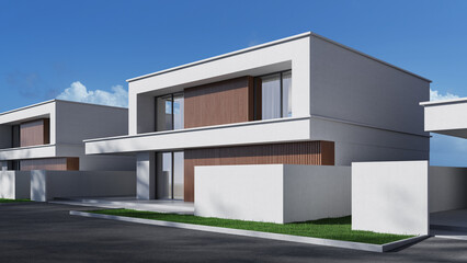 Modern minimalist house exterior with clean geometric design and wood panel accents under clear blue sky, residential architecture concept visualization. 3D Rendering