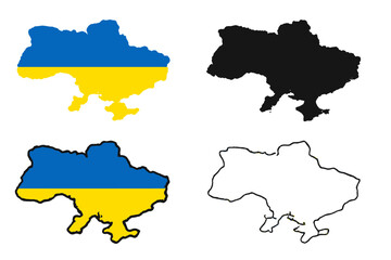 Obraz premium Ukraine Map Silhouette Icons Collection. Ukrainian Flag Vector Set. Outline, Filled, Colored, Black and White Cartography Border Shapes. Ukraine Geographic Symbol. Editable Stock Vector Illustration