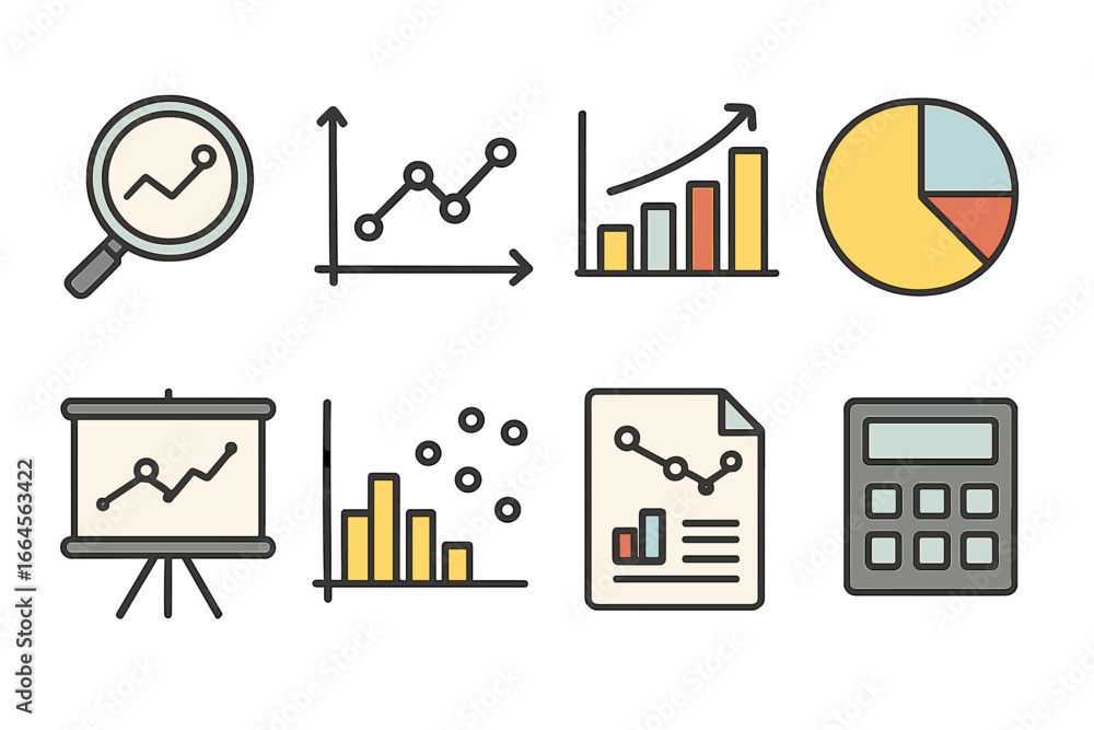 Poster data analysis and statistics vector icons set. minimalistic line graph, bar chart, pie chart, scatte