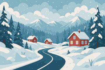 Idyllic snowy winter mountain landscape with red houses, winding road, snow-covered pine forests, majestic clouds, peaceful countryside, snowfall, scenic alpine village, serene seasonal retreat