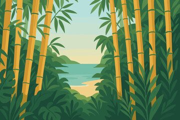 Obraz premium Vector illustration of a tropical beach paradise landscape. View of the ocean sea coast from inside a dense bamboo forest or jungle with exotic green leaves. Summer vacation background.