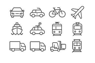 Transportation and Transit Outline Icon Set. Vector Cartoon Style Collection Featuring Logistics, Shipping, Delivery Trucks, Cars, Airplane, Bicycle, Train, and Ship. Transparent Background