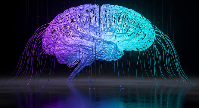Artificial Intelligence digital brain, futuristic AI technology network, glowing neural network connections, abstract mind data processing and consciousness concept, AI brain technology.