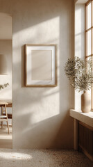 Empty room for exhibition. With warm sunny light. Vertical mockup of blank canvas or picture frame for big square poster in white minimalistic interior.