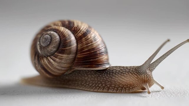 A slow, brown snail with a spiral shell is crawling forward on a gray, textured surface.
