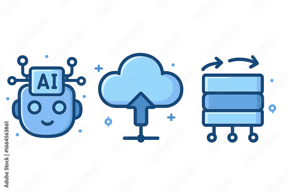 Poster ai robot head and cloud computing illustration with server database, data analysis tools, artificial