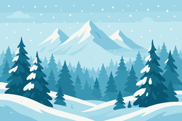 Winter landscape with snowy mountains and pine forest. Vector illustration for Christmas or holiday design. Modern flat cartoon style background. Nature scenery with snowfall.