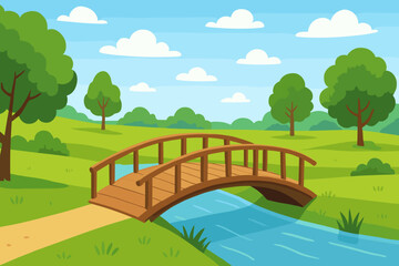 Obraz premium Summer park landscape with a wooden footbridge over the river. Green meadows, trees, and a path under a blue sky with clouds. Cartoon vector illustration of idyllic scenery.
