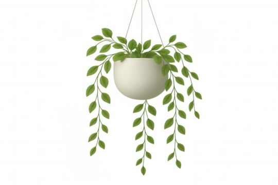 Ceramic white pot suspending green houseplant against clean transparent background, minimalist botanical decor element